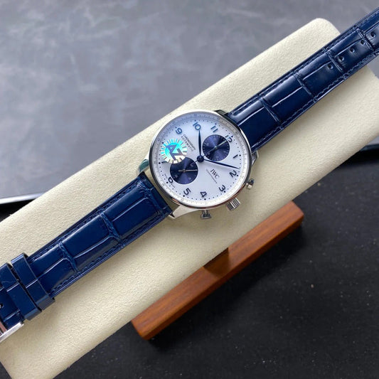 IWC Portuguese 41mm White Blue Dial Steel Case Navy Blue Crocodile Leather