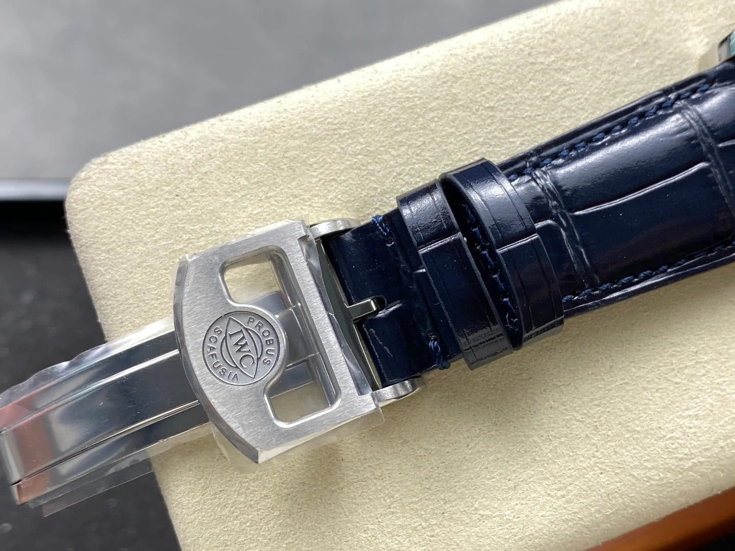 IWC Portuguese 42.4mm Cream Dial Steel Case Navy Blue Crocodile Leather Strap