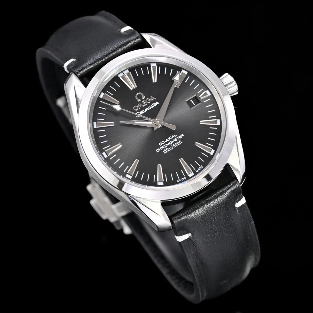 Omega Seamaster 150M Aqua Terra Observatory 39mm Black Dial Black Leather Strap