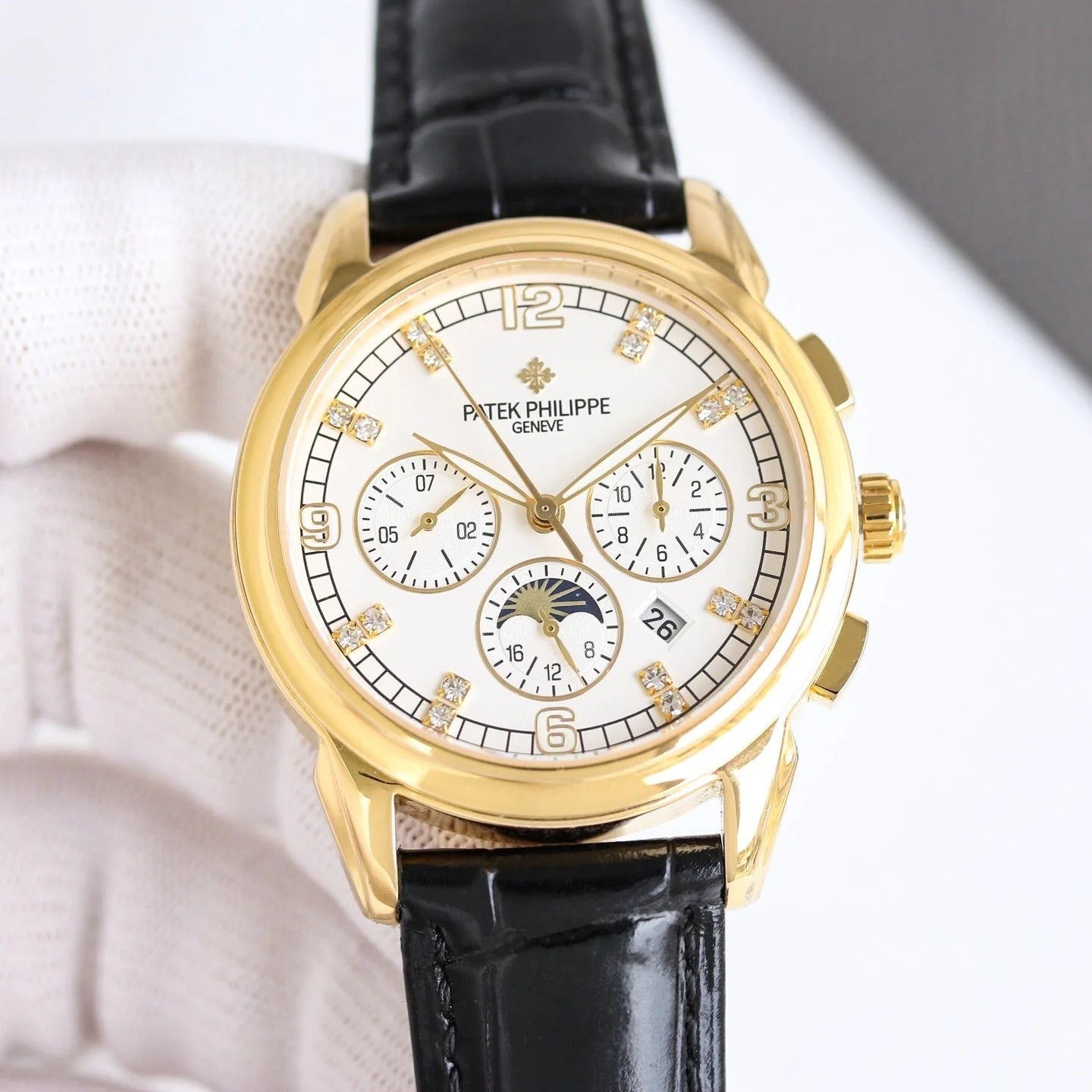 Patek Philippe Annual Calendar 42mm Diamond Benzel Gold Case Black Strap