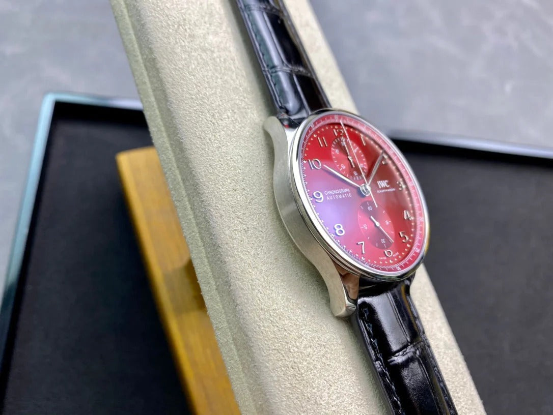 IWC Portuguese 40mm Red Dial Steel Case Black Crocodile Leather