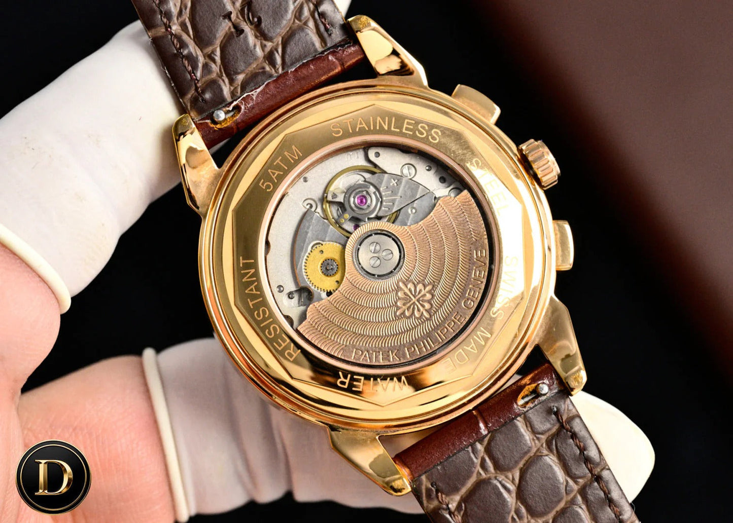 Patek Philippe Annual Calendar 42mm Diamond Benzel Rose Gold Case Brown Leather Strap
