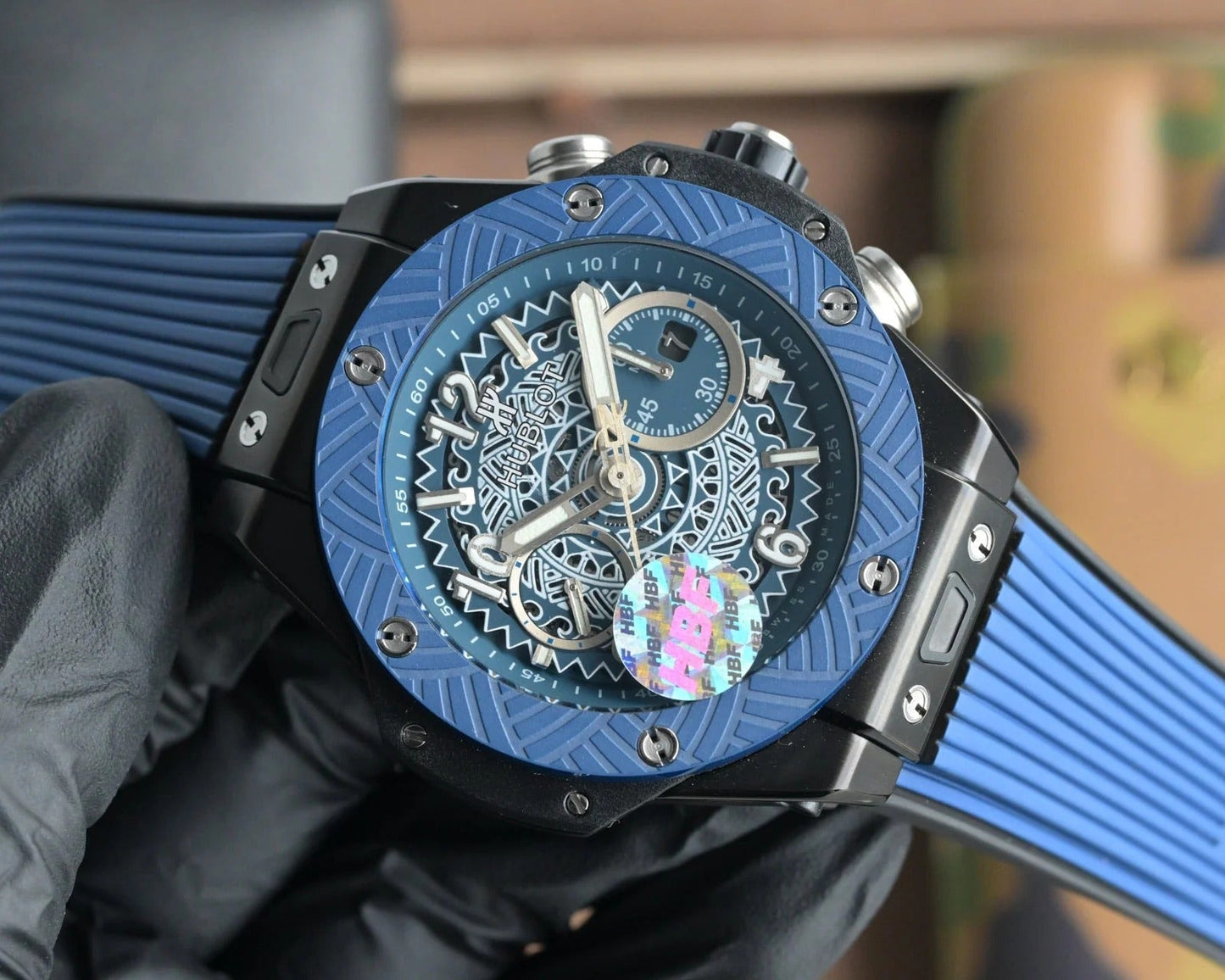 Hublot Big Bang Unico 45mm Blue Benzel Black Ceramic Case Blue Rubber Strap