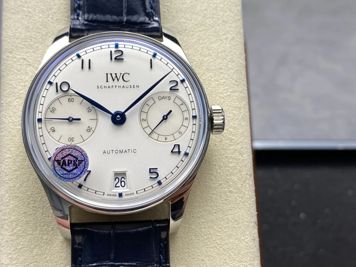 IWC Portuguese 42.4mm Cream Dial Steel Case Navy Blue Crocodile Leather Strap