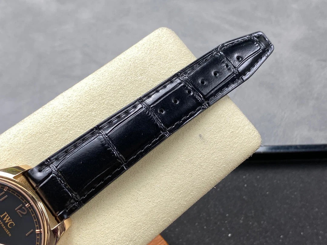 IWC Portuguese 40.4mm Black Dial Pink Gold Case Crocodile Leather