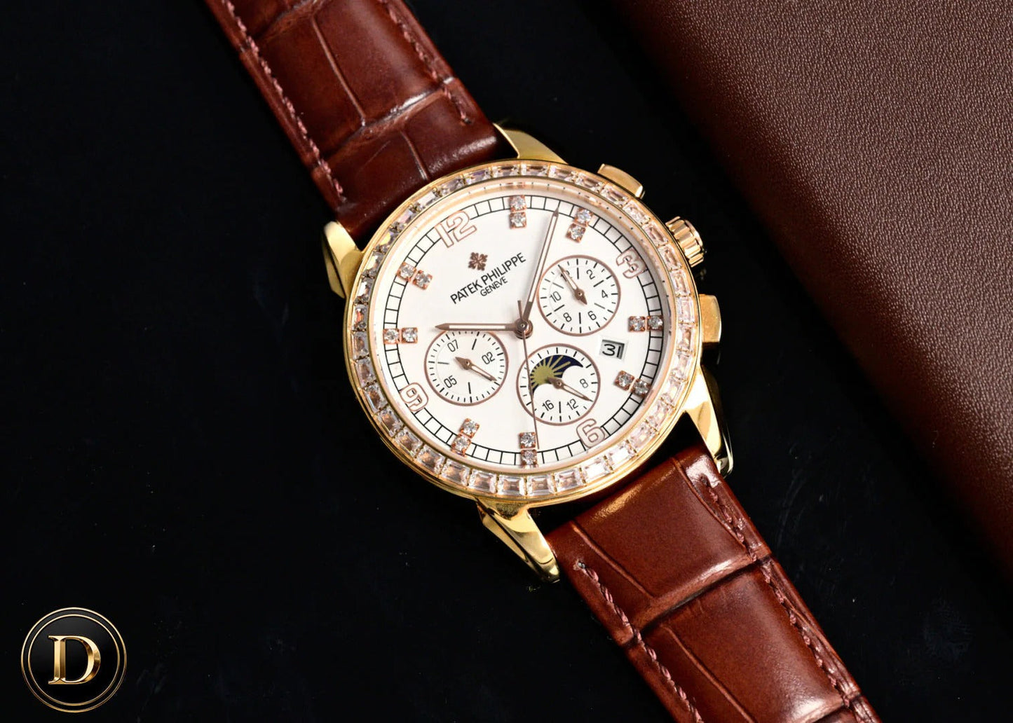 Patek Philippe Annual Calendar 42mm Diamond Benzel Rose Gold Case Brown Leather Strap
