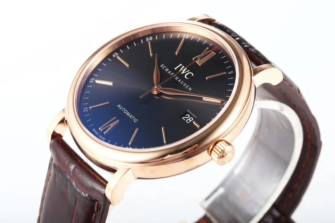 IWC Portofino 40mm Black Dial Pink Gold Case Brown Crocodile Leather