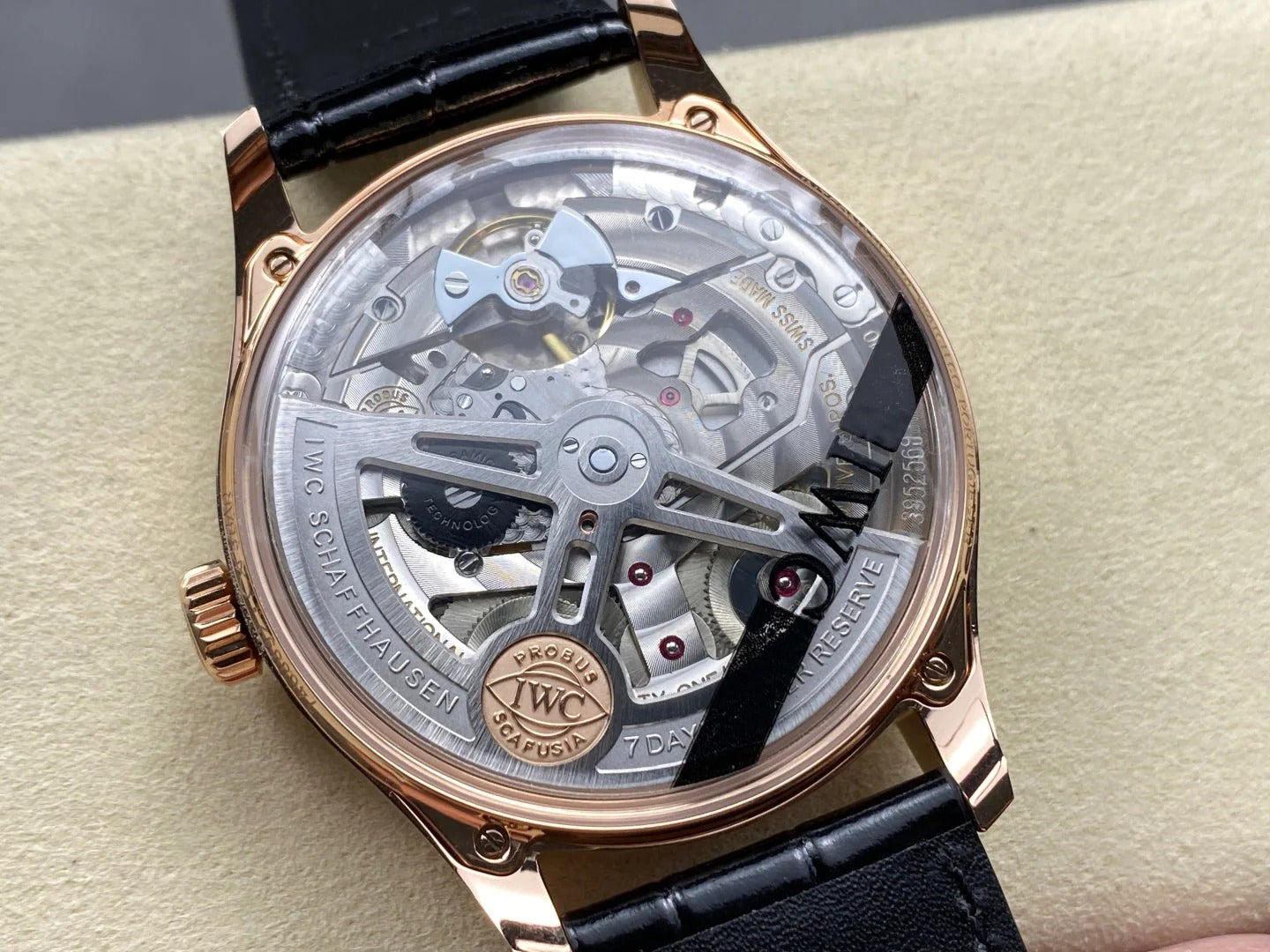 IWC Portuguese 42.4mm Black Dial Pink Gold Case Crocodile Leather