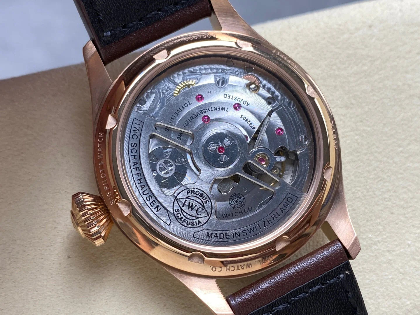 IWC Big Pilot 46mm Gray Dial Pink Gold Case Brown Leather Strap