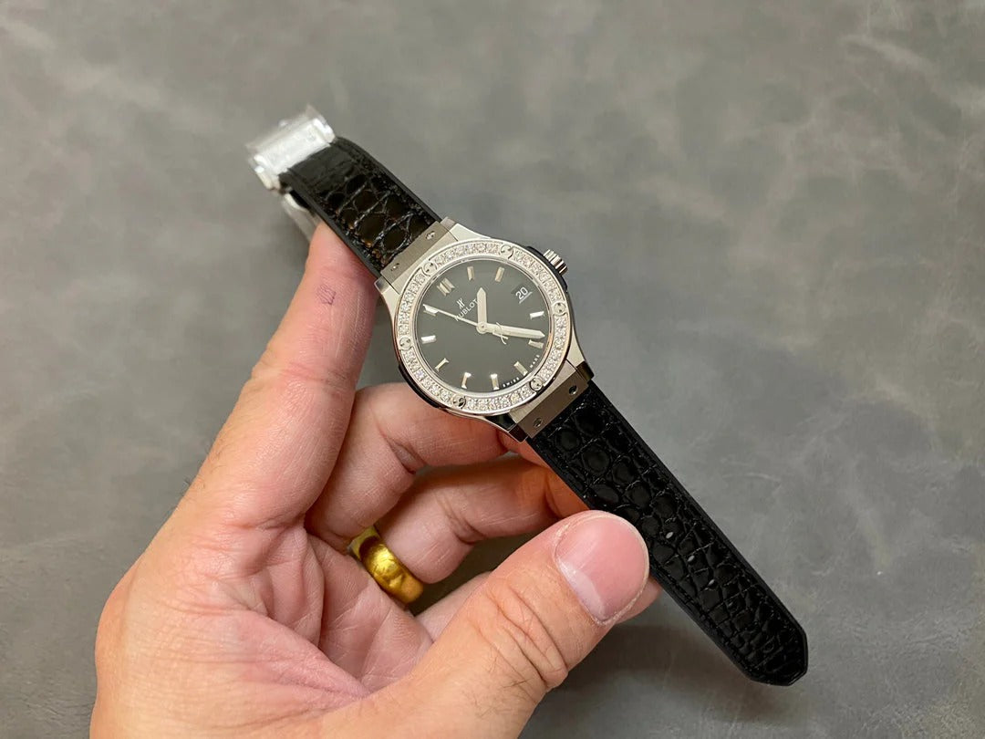 Hublot Classic Fusion Titanium Diamonds 33mm Watch Black Leather Strap