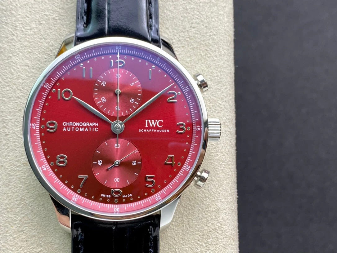 IWC Portuguese 40mm Red Dial Steel Case Black Crocodile Leather