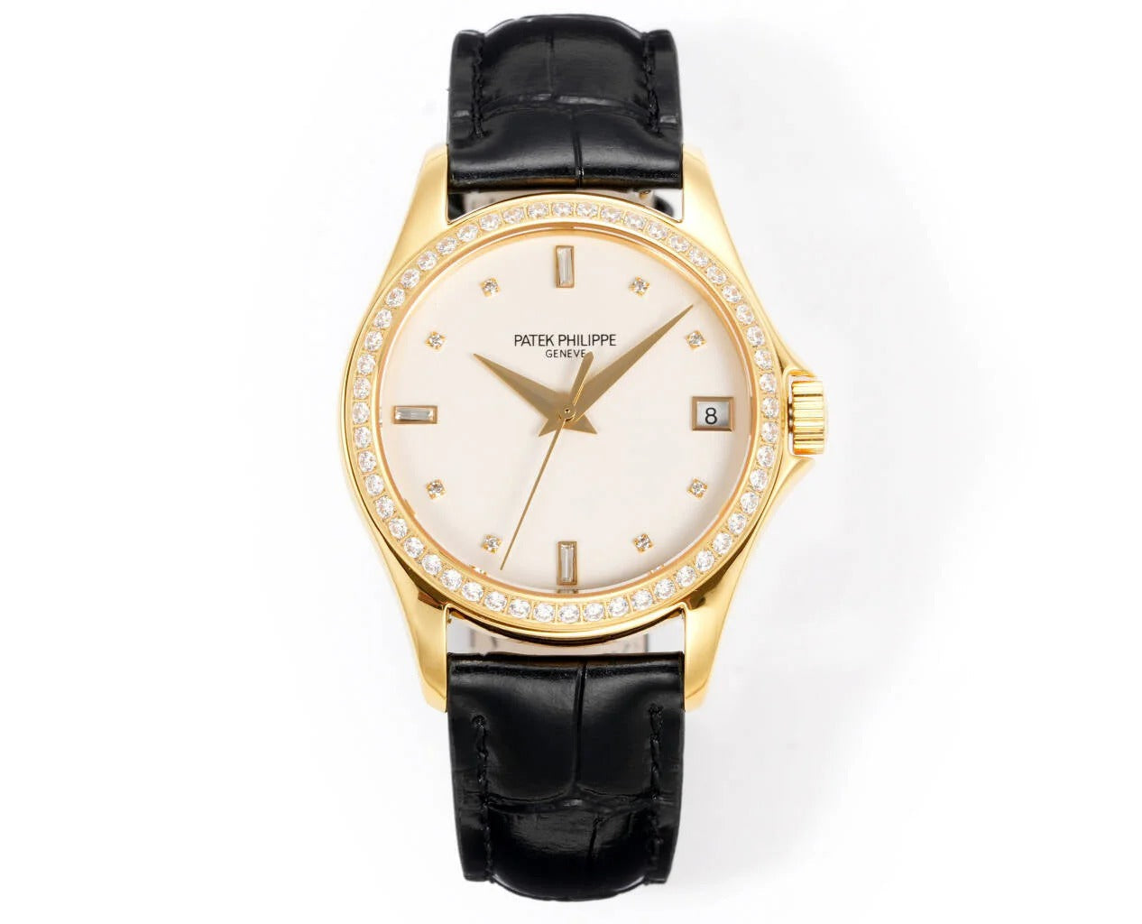 Patek Philippe Calatrava 37mm White Dial Black Leather Strap Watch