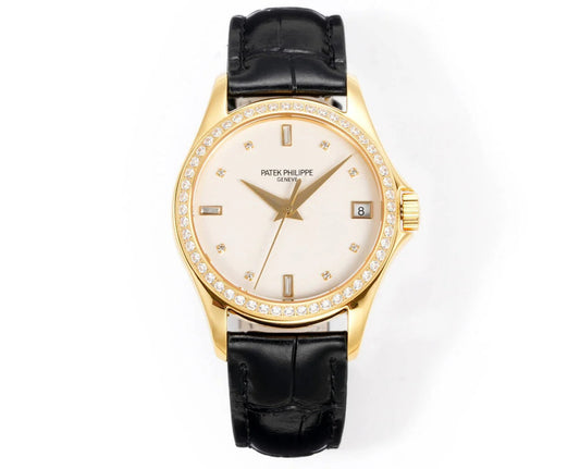 Patek Philippe Calatrava 37mm White Dial Black Leather Strap Watch