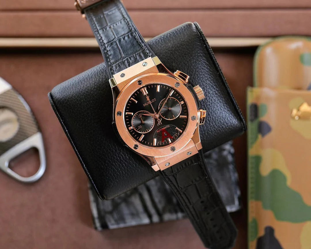 Hublot Classic Fusion Chronograph Rose Gold 45mm Watch With Black Leather Strap
