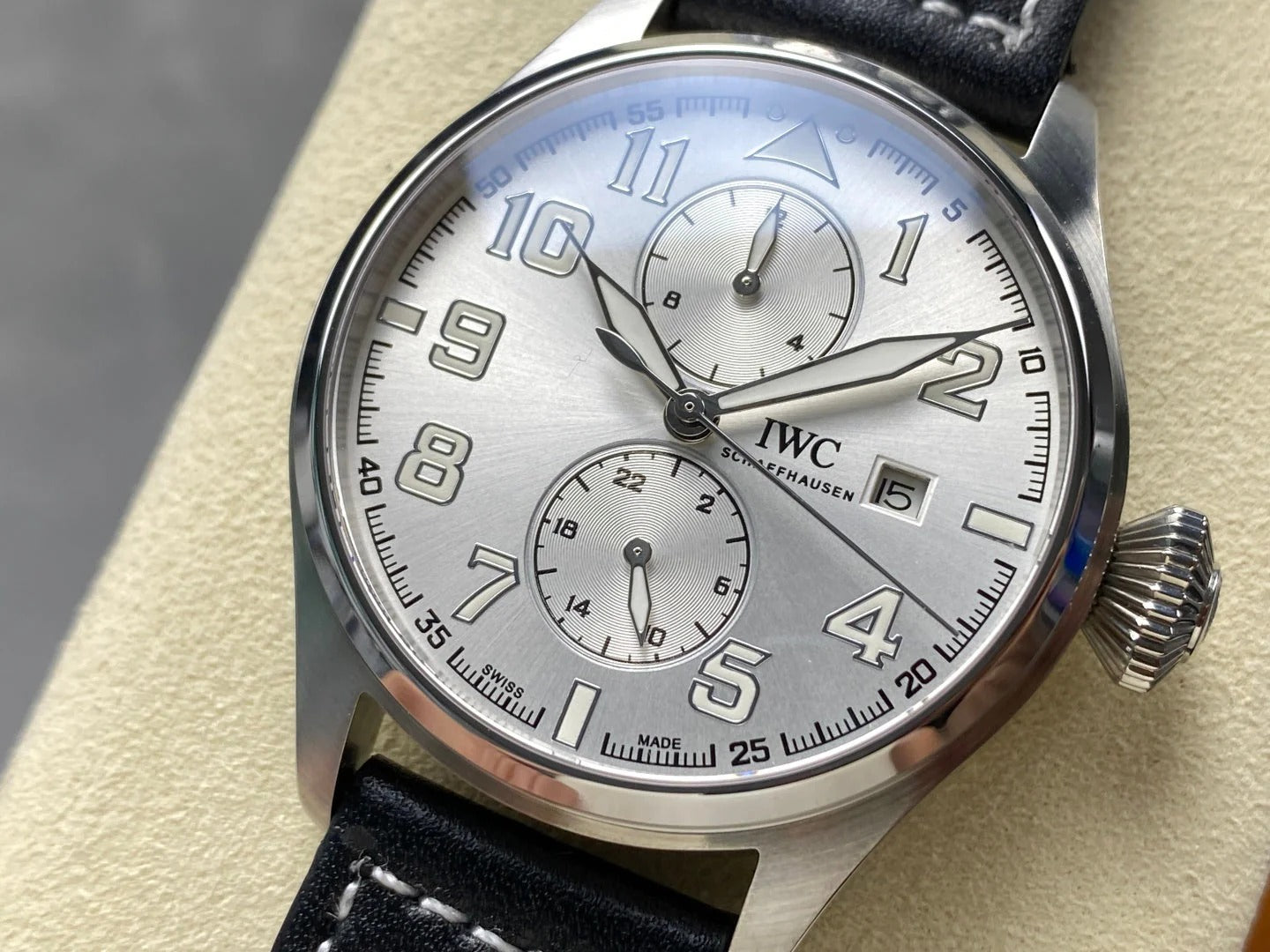 IWC Big Pilot 46mm Silver Dial Steel Case Black Leather Strap
