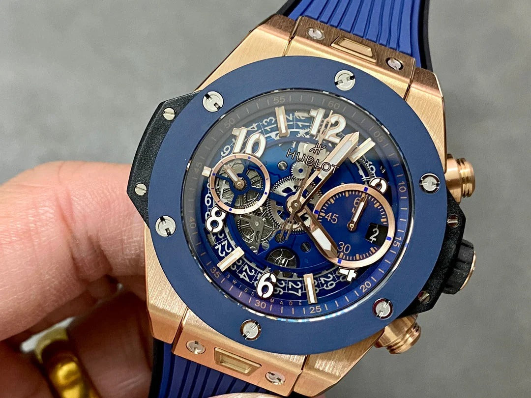 Hublot Big Bang Unico Rose Gold 42mm Watch with Blue Ceramic Bezel