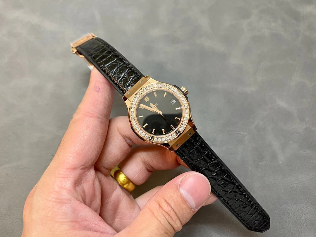 Hublot Classic Fusion Rose Gold Diamonds 33mm Watch Black Leather Strap
