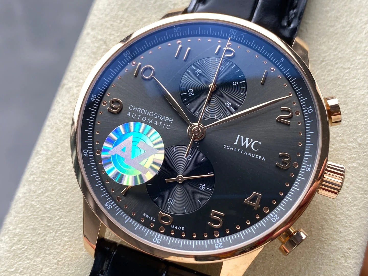 IWC Portuguese 41mm Dark Gray Dial Pink Gold Case Crocodile Leather Strap
