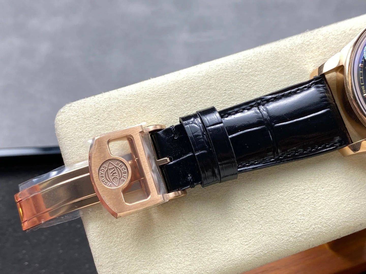 IWC Portuguese 42.4mm Black Dial Pink Gold Case Crocodile Leather