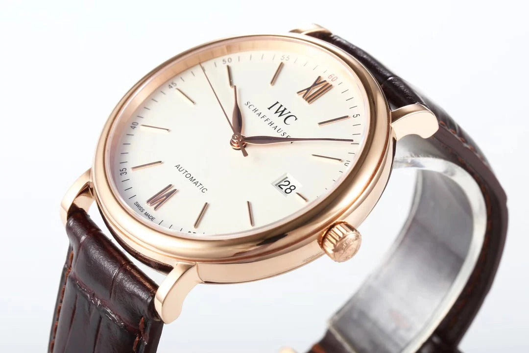 IWC Portofino 40mm White Dial Pink Gold Case Brown Crocodile Leather)