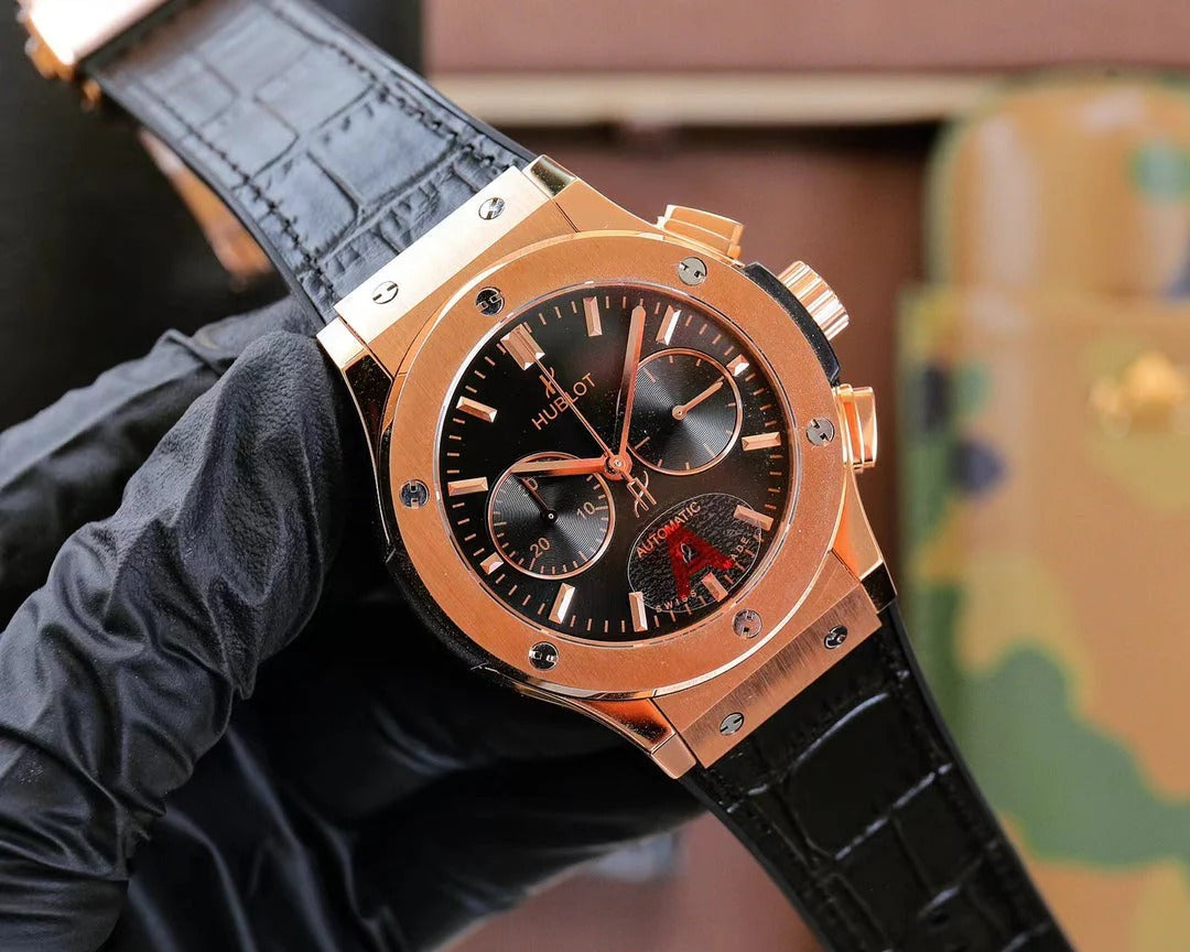 Hublot Classic Fusion Chronograph Rose Gold 45mm Watch With Black Leather Strap