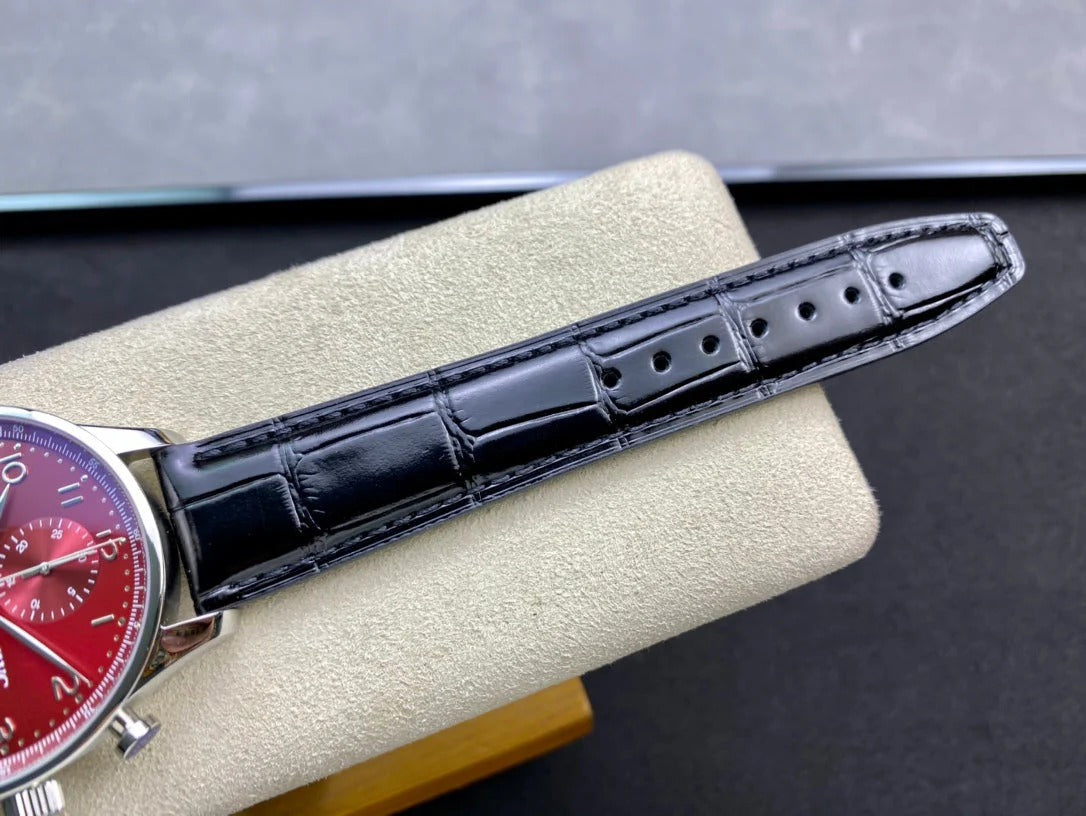 IWC Portuguese 40mm Red Dial Steel Case Black Crocodile Leather
