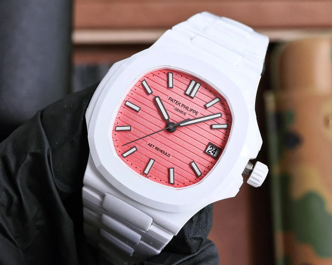 Patek Philippe Nautilus 5711 Pink Dial 40mm White Strap Watch