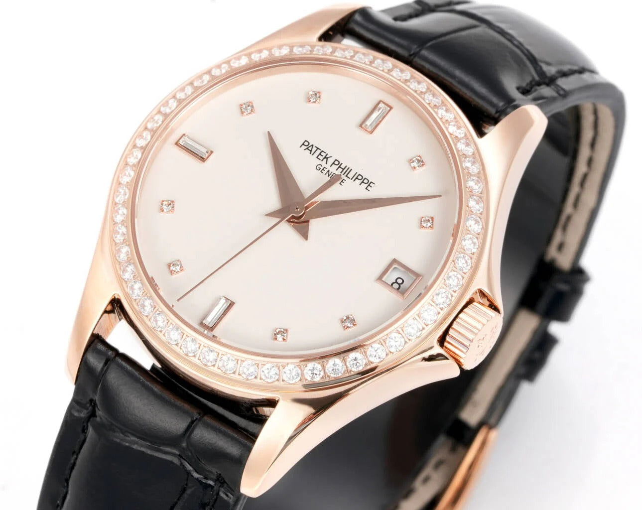 Patek Philippe Calatrava 37mm White Dial Black Leather Strap Watch