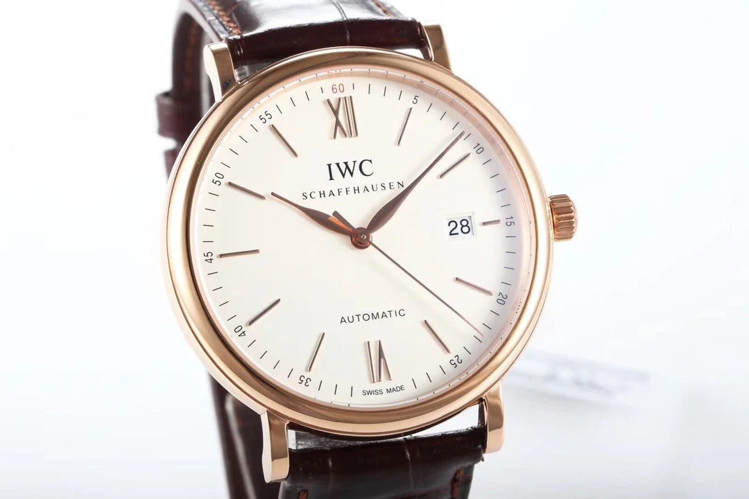IWC Portofino 40mm White Dial Pink Gold Case Brown Crocodile Leather)