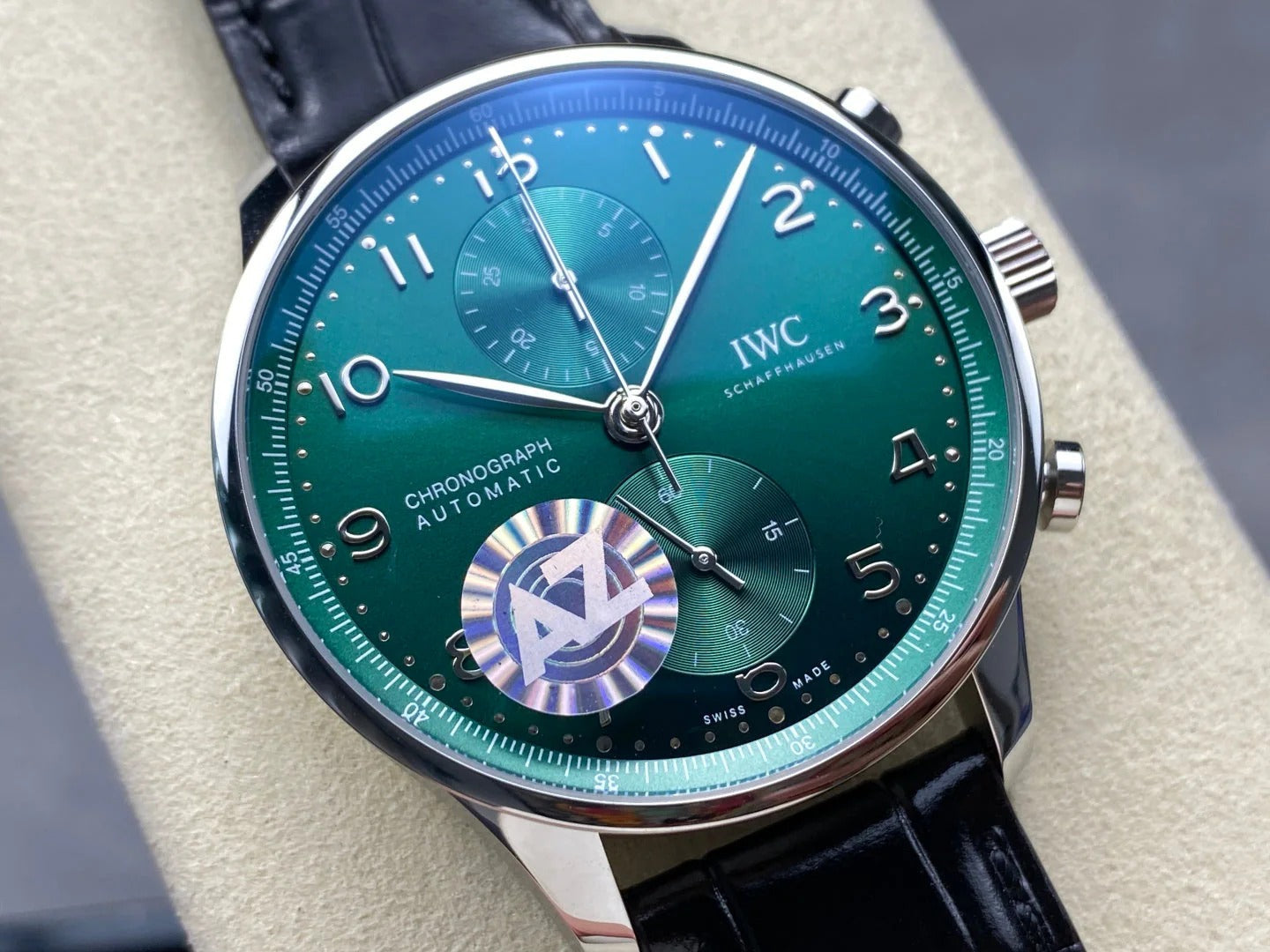 IWC Portuguese 41mm Green Dial Steel Case Black Crocodile Leather