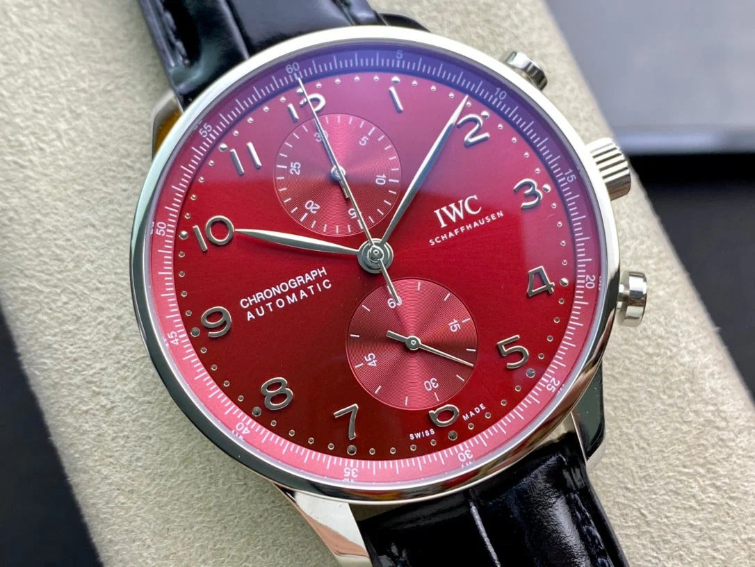 IWC Portuguese 40mm Red Dial Steel Case Black Crocodile Leather