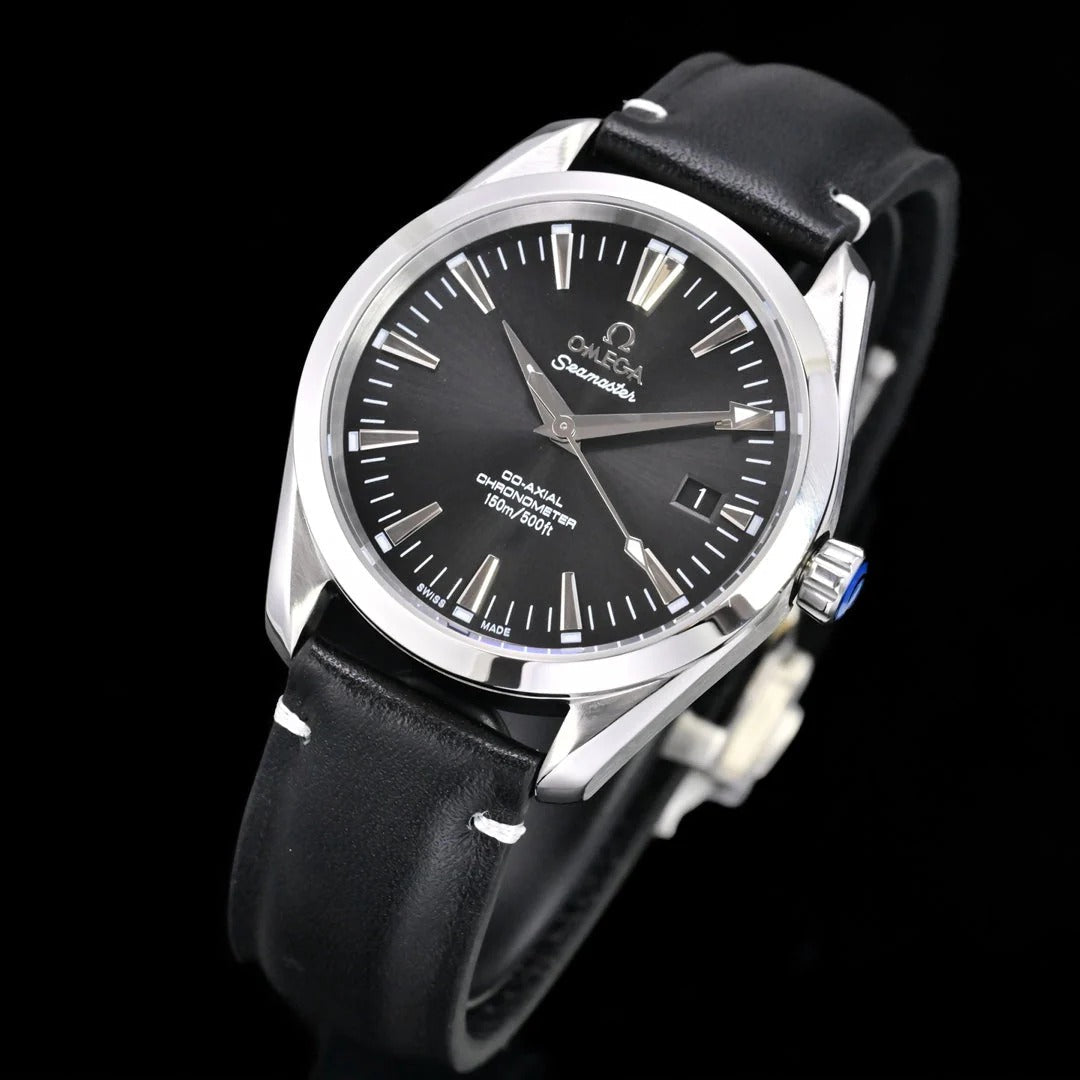 Omega Seamaster 150M Aqua Terra Observatory 39mm Black Dial Black Leather Strap