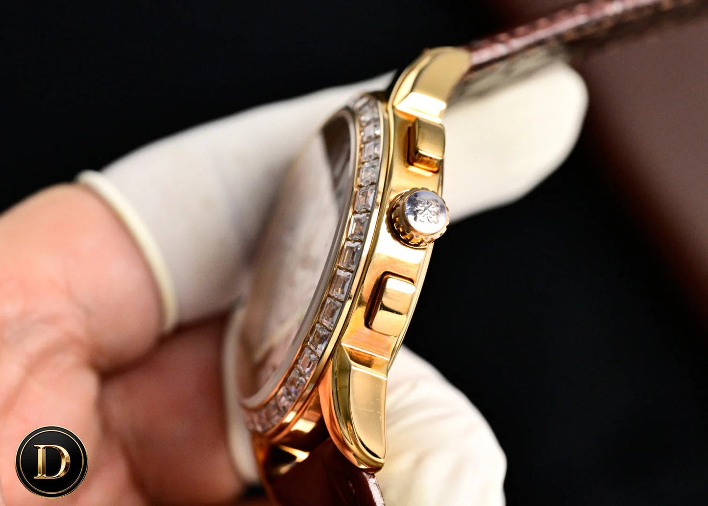 Patek Philippe Annual Calendar 42mm Diamond Benzel Rose Gold Case Brown Leather Strap