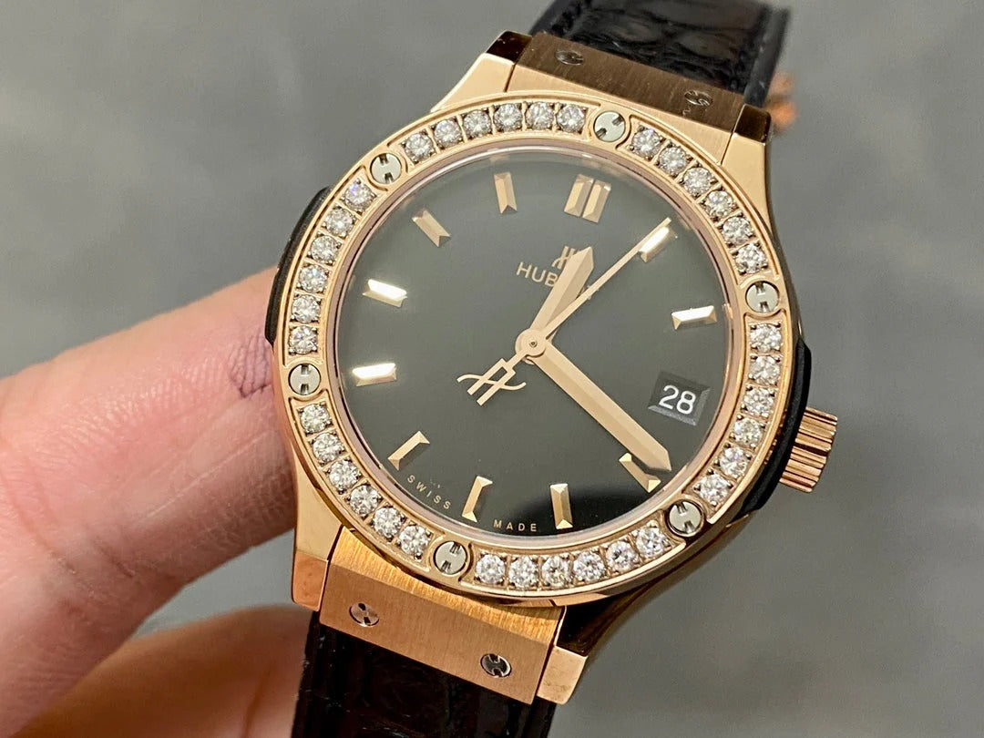 Hublot Classic Fusion Rose Gold Diamonds 33mm Watch Black Leather Strap