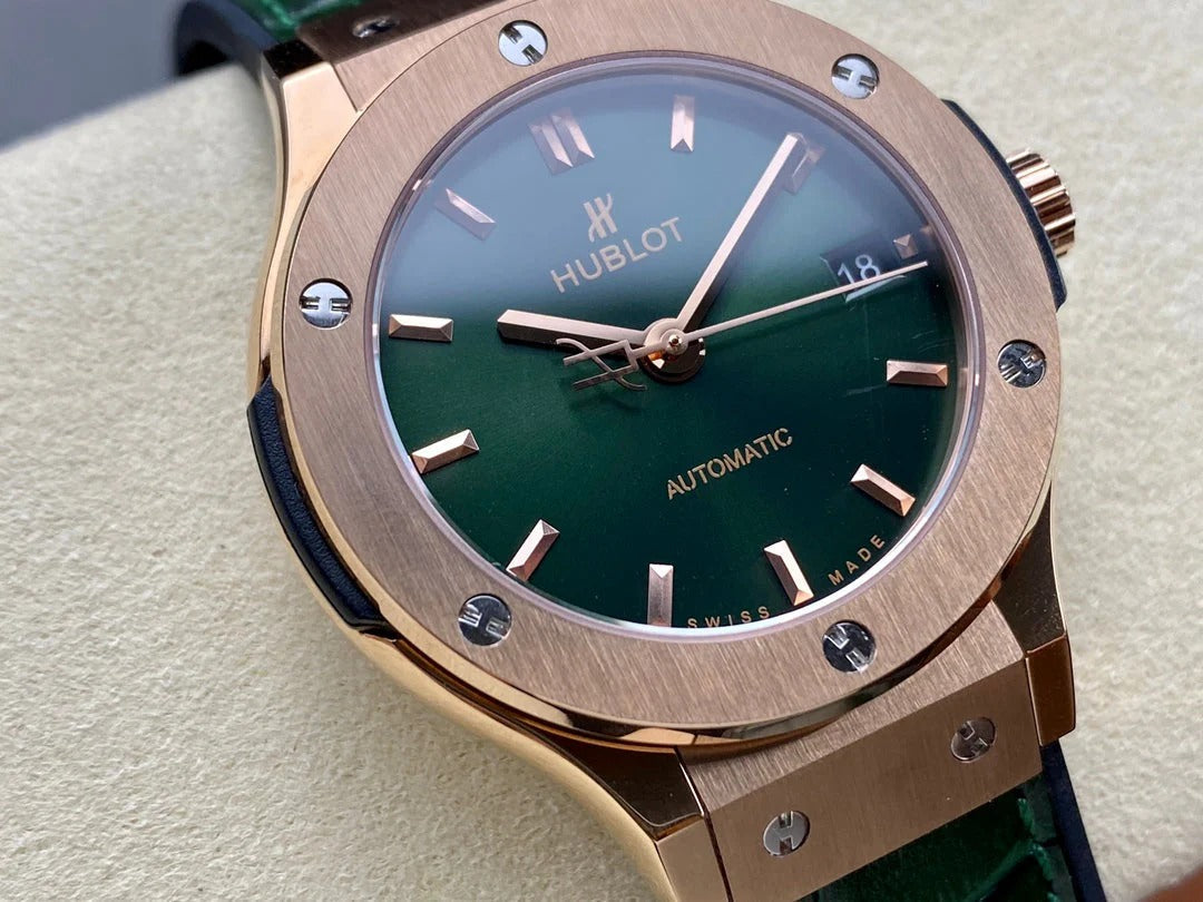 Hublot Classic Fusion 38mm Rose Gold Green Dial Green Leather Strap