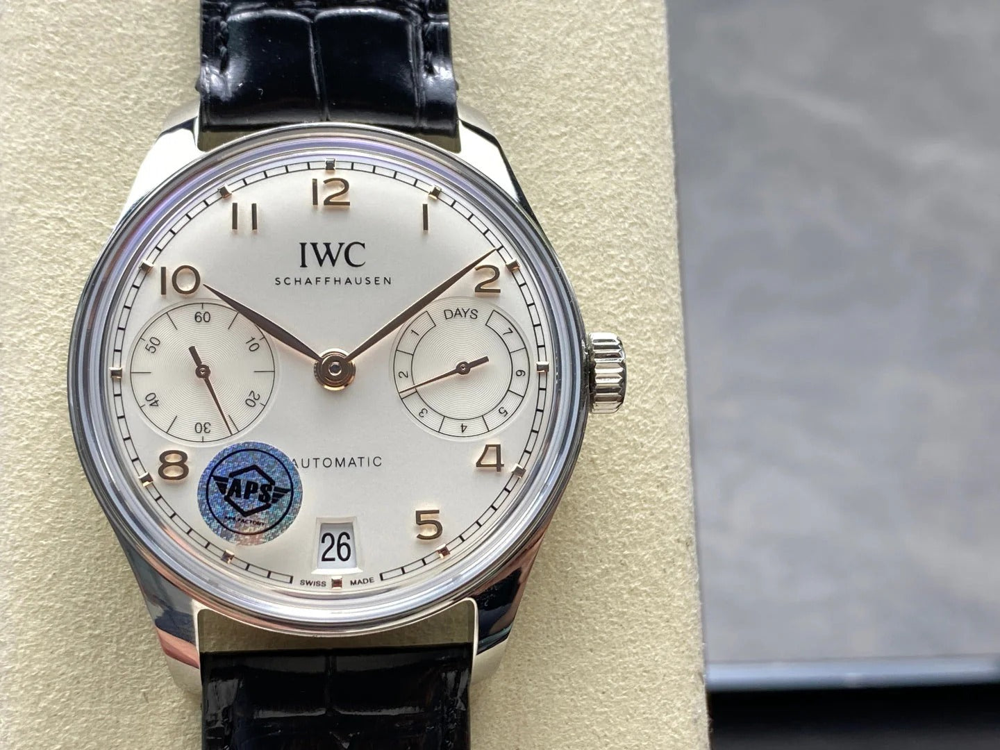 IWC Portuguese 42.4mm Cream Dial Steel Case Black Crocodile Leather Strap