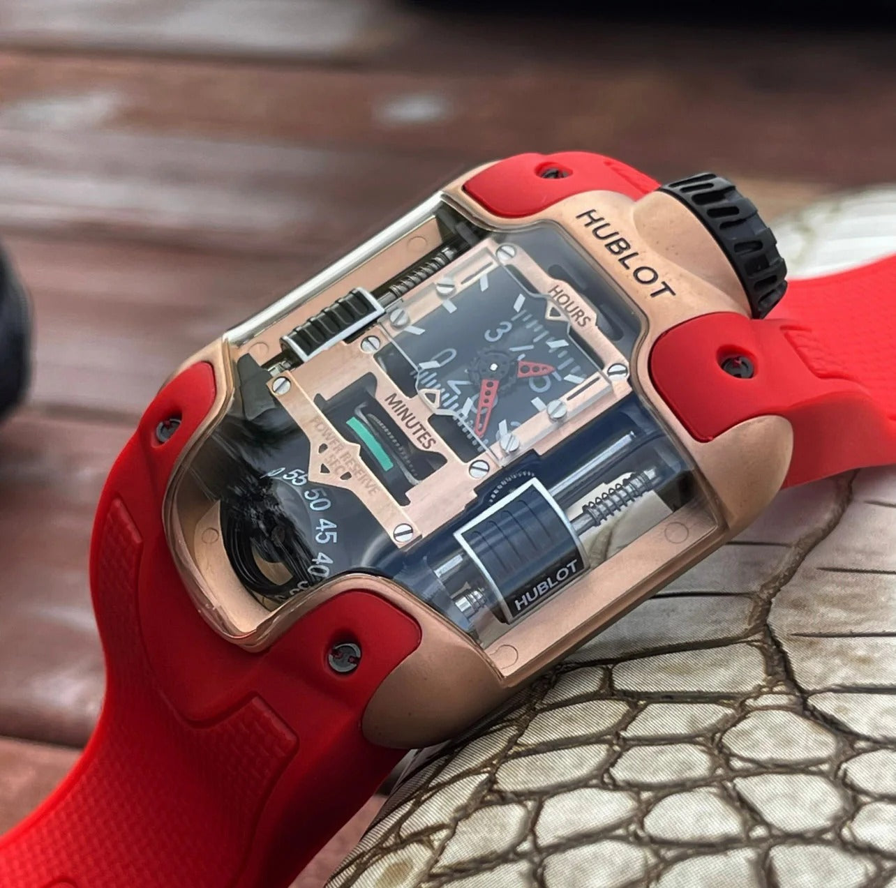 Hublot MP-10 Tourbillon Weight Energy System Watch Rose Gold Case Red Strap