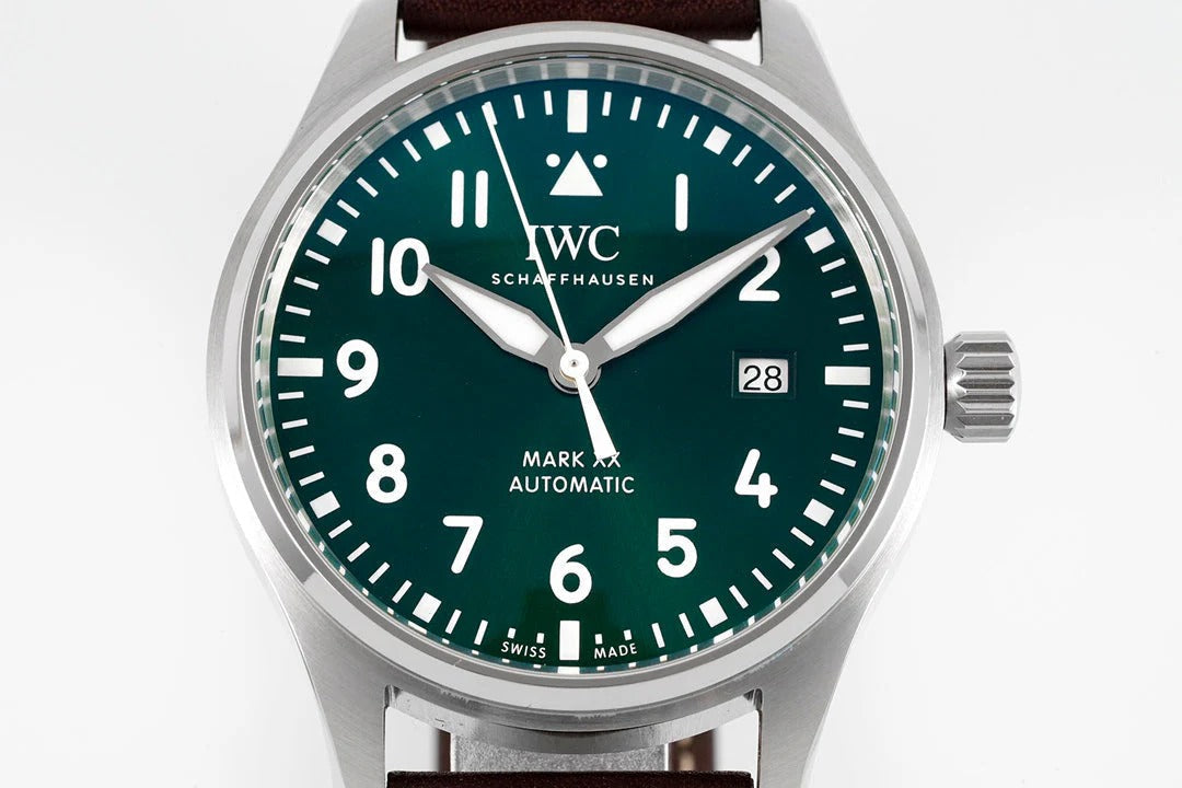IWC Pilot 40mm Green Dial Steel Case Brown Leather Strap