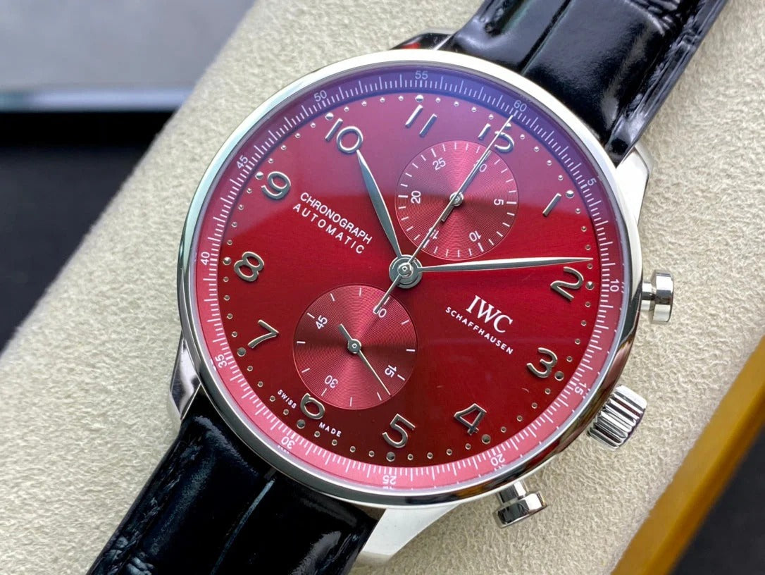 IWC Portuguese 40mm Red Dial Steel Case Black Crocodile Leather