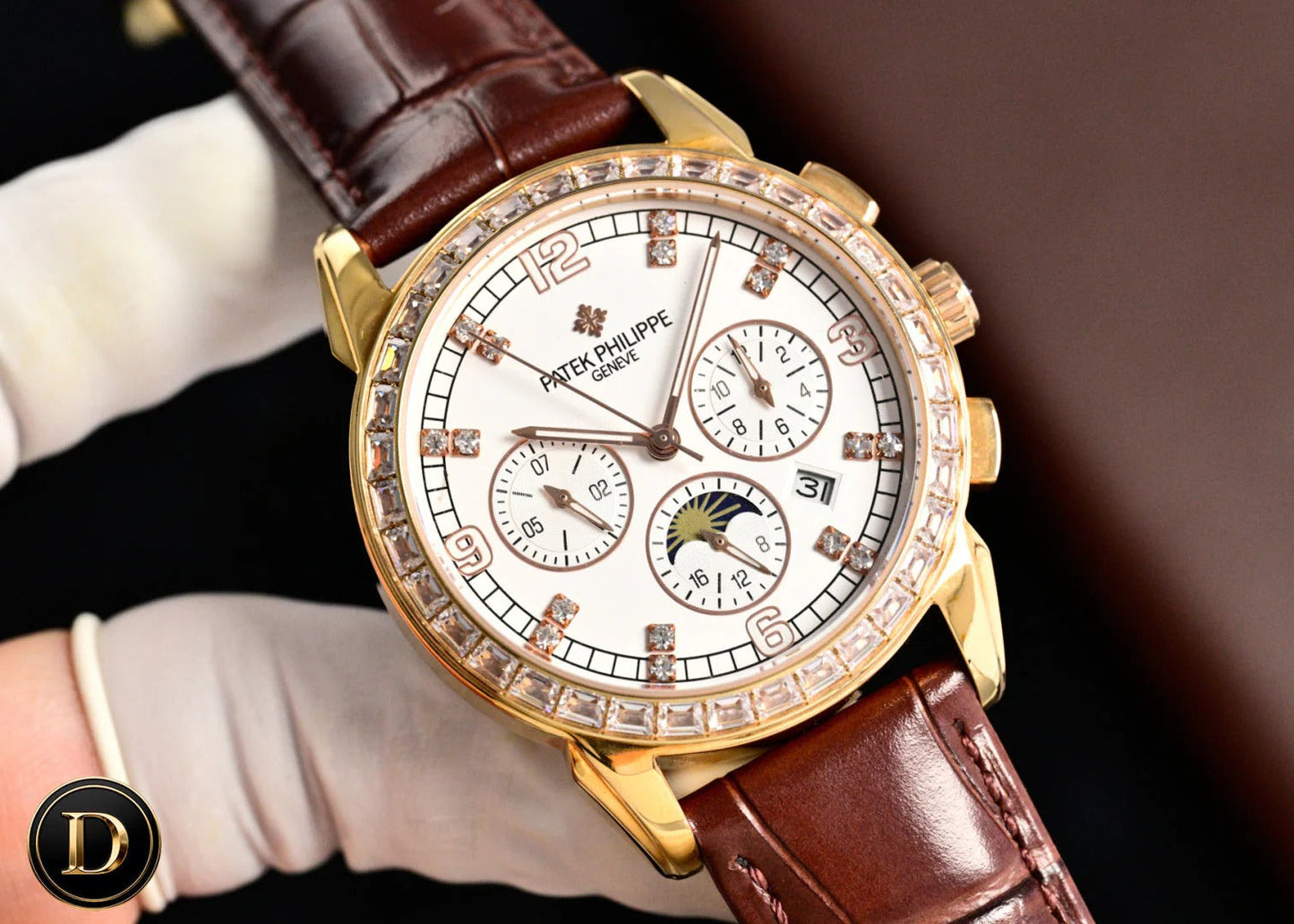 Patek Philippe Annual Calendar 42mm Diamond Benzel Rose Gold Case Brown Leather Strap