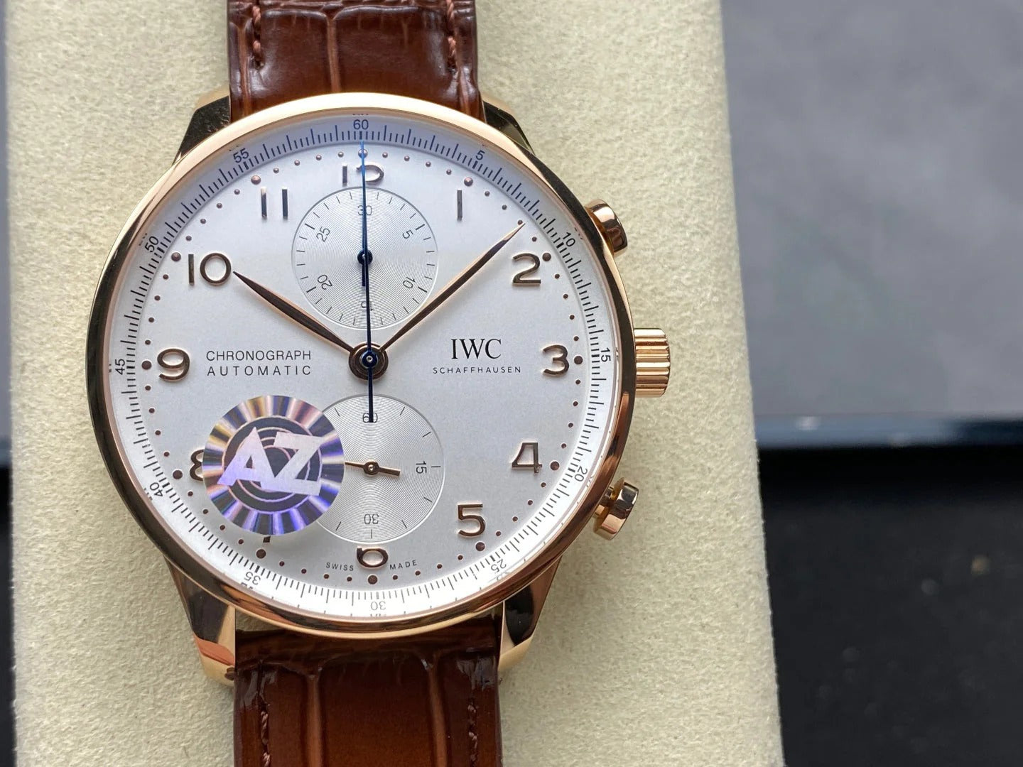 IWC Portuguese 41mm Cream Dial Pink Gold Case Brown Crocodile Leather