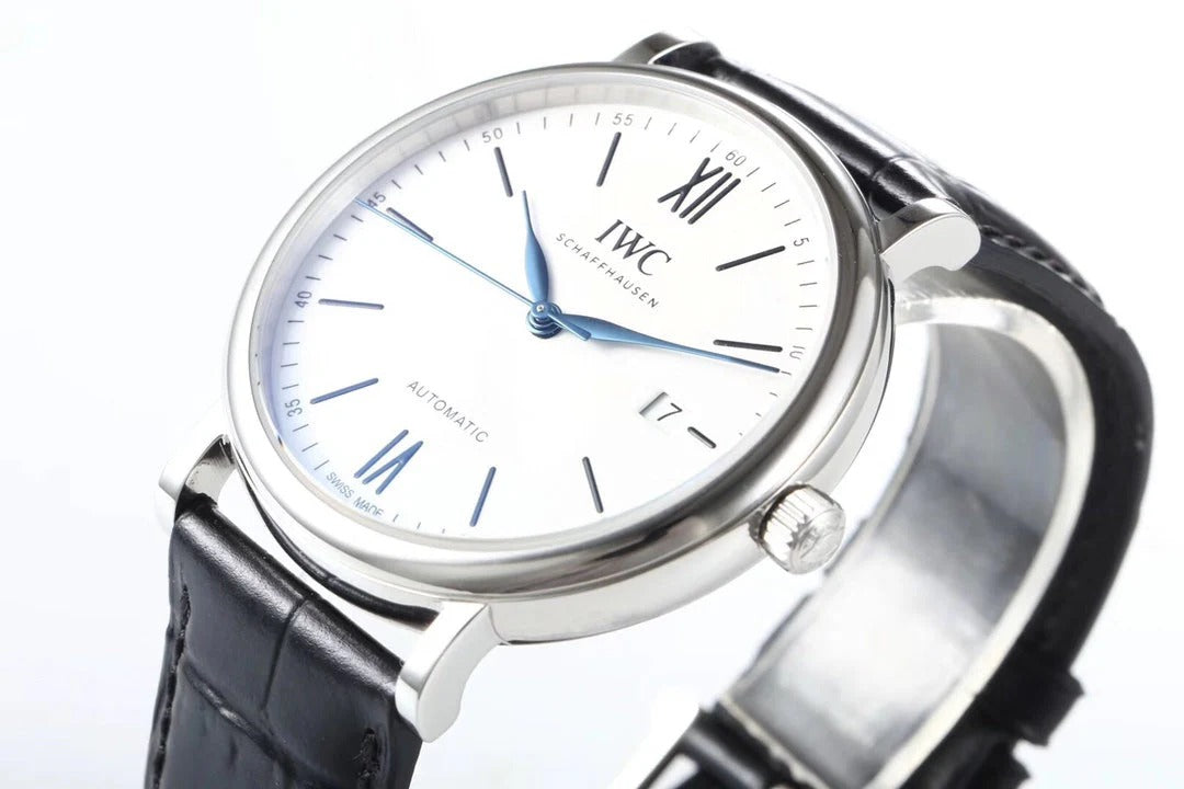 IWC Portofino 40mm White Dial Blue Numerals Black Crocodile Leather