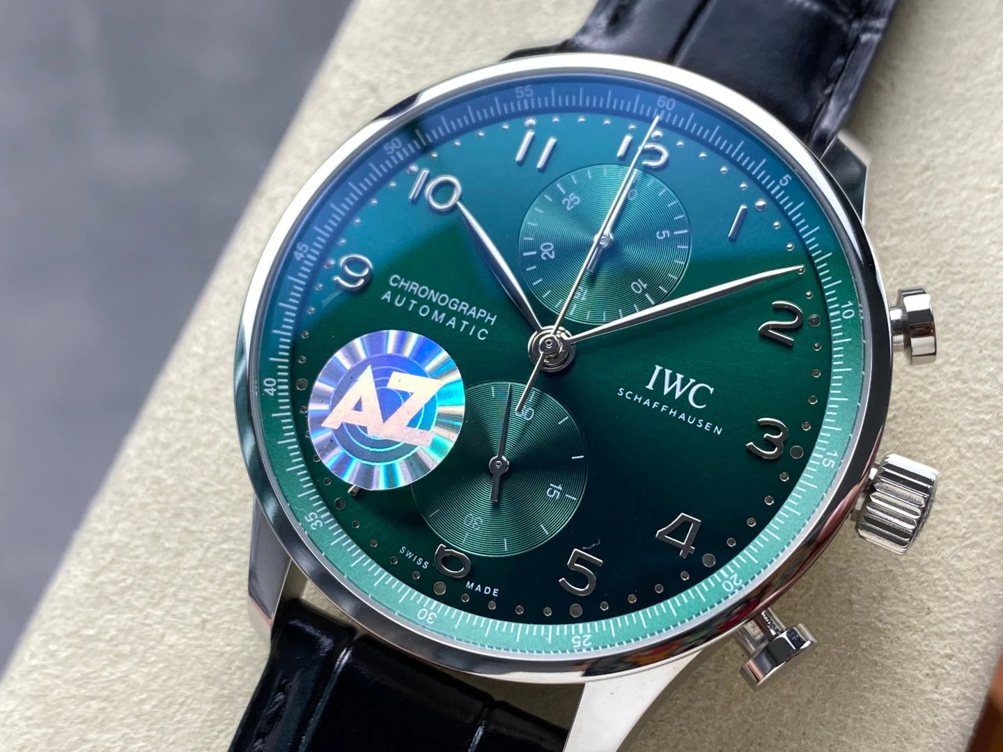 IWC Portuguese 41mm Green Dial Steel Case Black Crocodile Leather