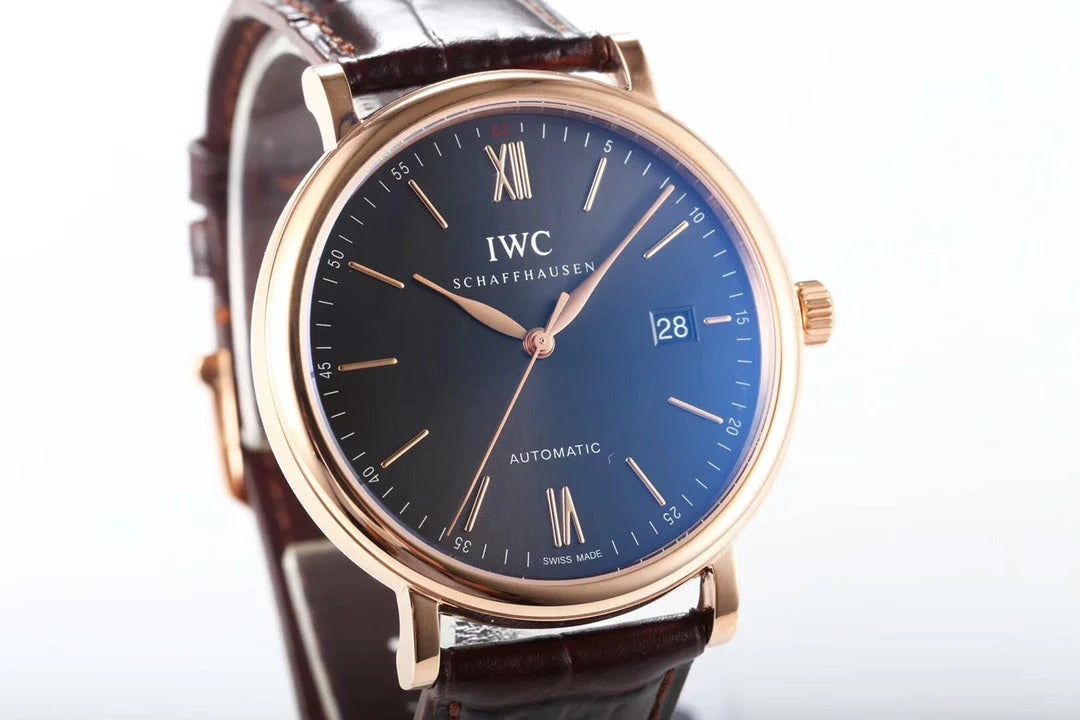 IWC Portofino 40mm Black Dial Pink Gold Case Brown Crocodile Leather