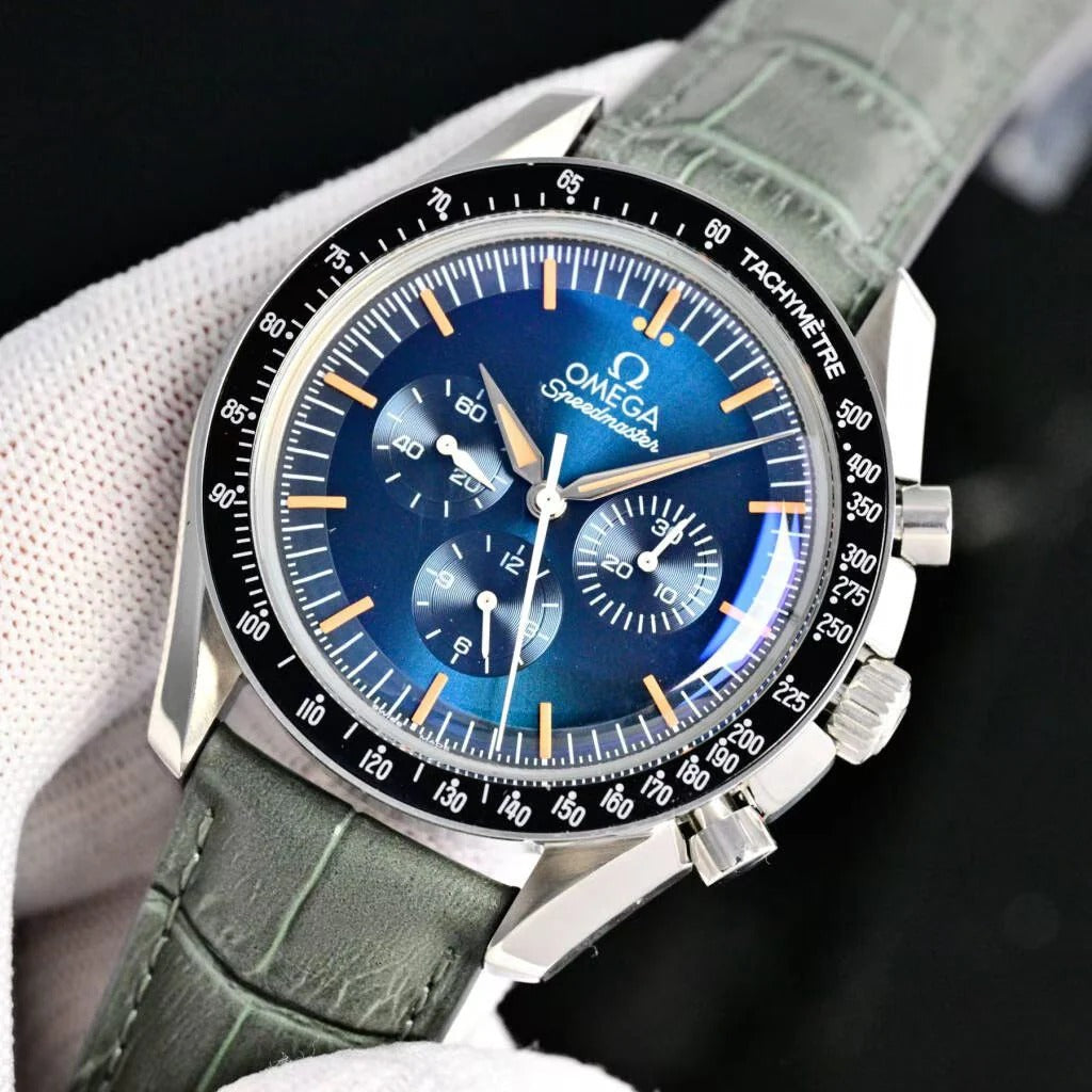 Omega Speedmaster Professional Moonwatch 42cm Blue Dial Khaki Leather Strap