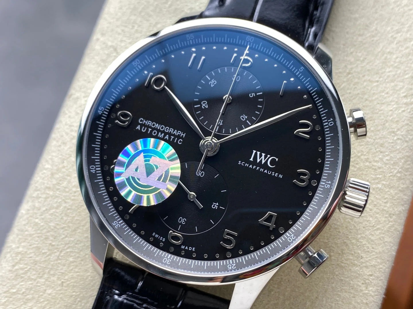 IWC Portuguese 41mm Black Dial Steel Case Crocodile Leather