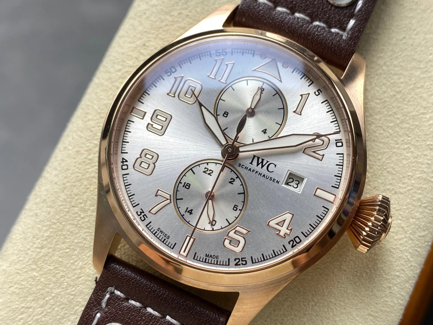 IWC Big Pilot 46mm Gray Dial Pink Gold Case Brown Leather Strap
