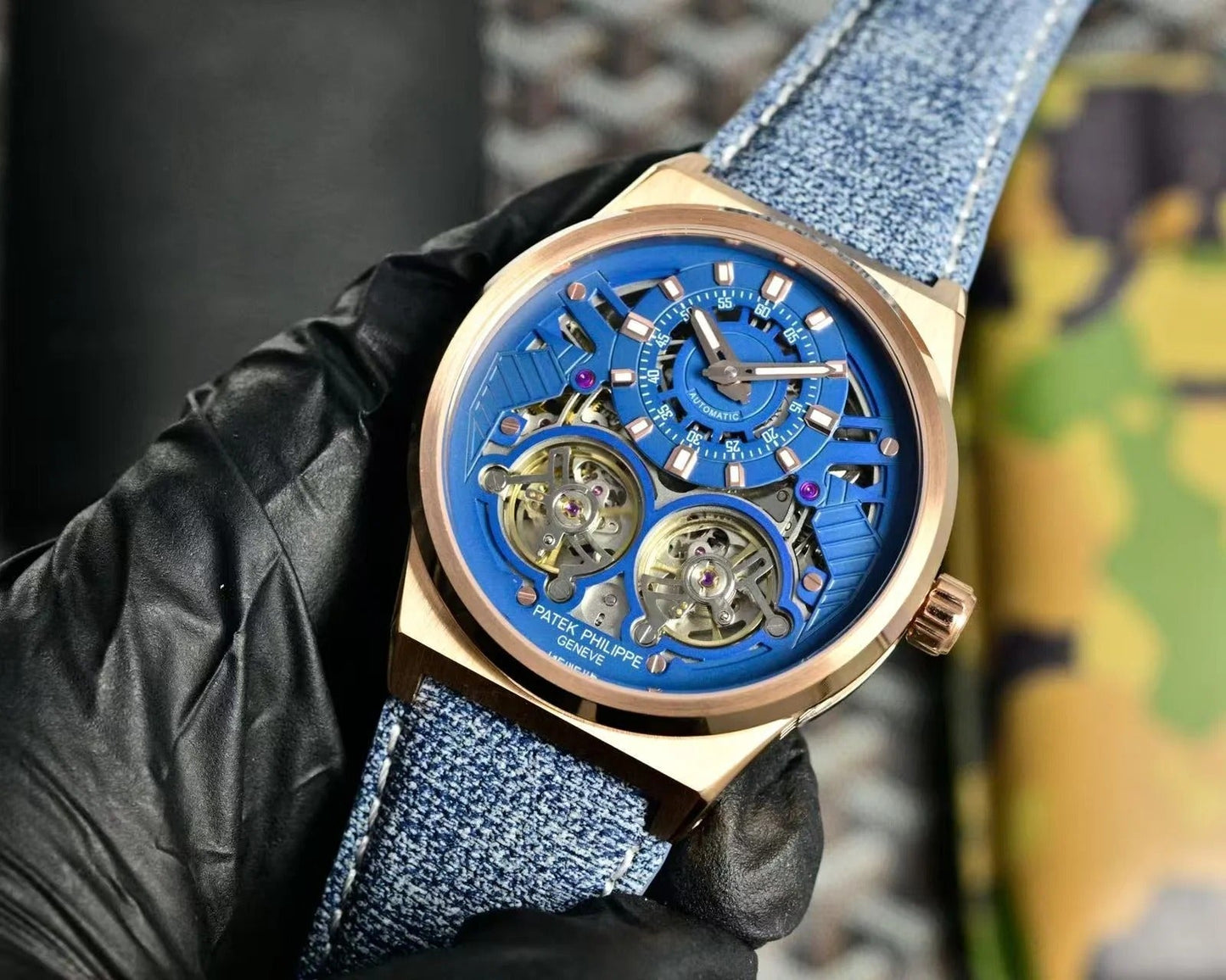Patek Philippe Double Tourbillon Blue Skeleton Dial 44mm Watch Denim Strap