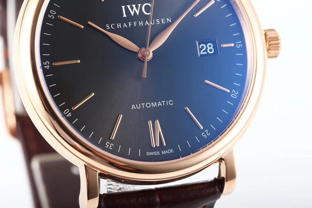 IWC Portofino 40mm Black Dial Pink Gold Case Brown Crocodile Leather