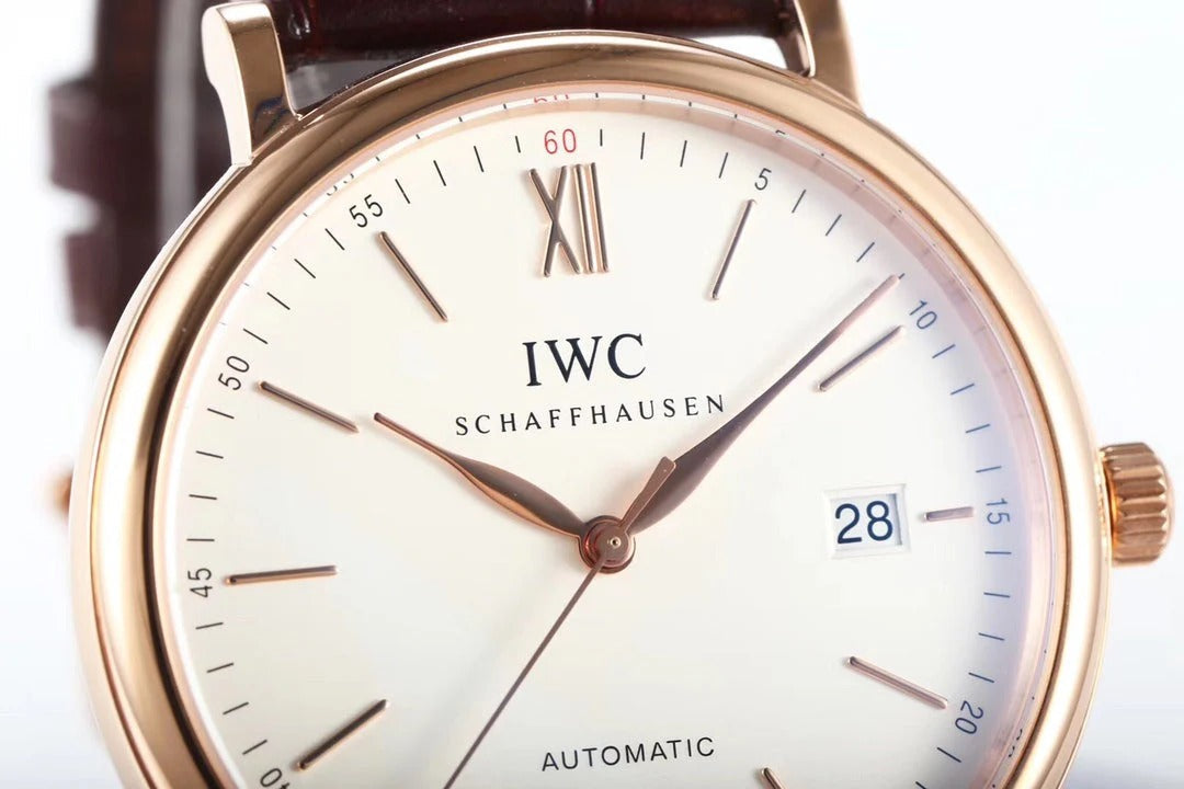 IWC Portofino 40mm White Dial Pink Gold Case Brown Crocodile Leather)